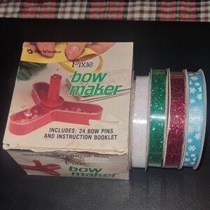 Vtg. Pixi Bow Maker with Glitter Ribbon Set - Green, Red, White, Blue